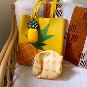 Yellow pineapple leather tote and makeup bag